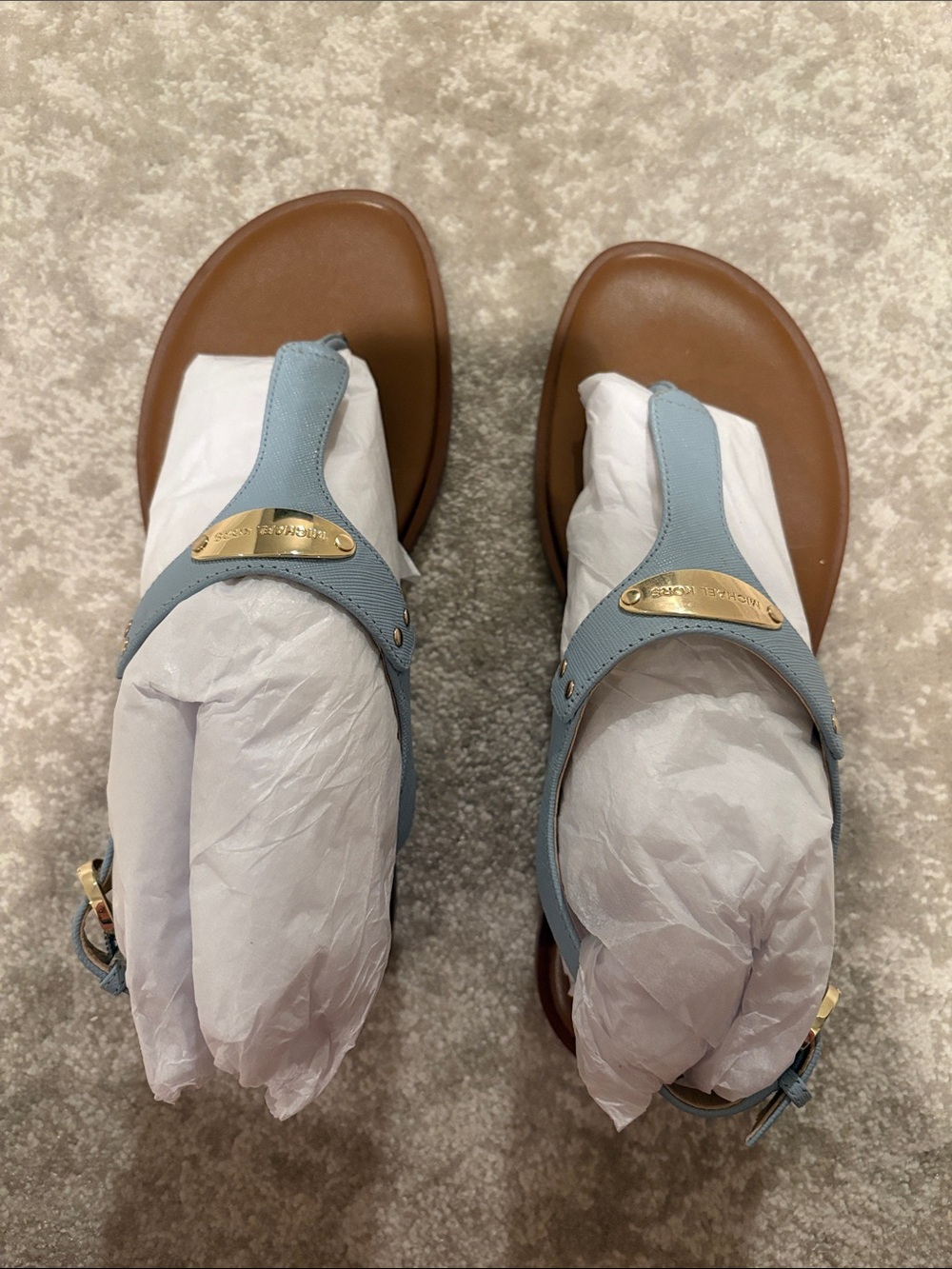 Michael Kors Light Blue and Brown Leather Thong Sandals with Gold Hardware